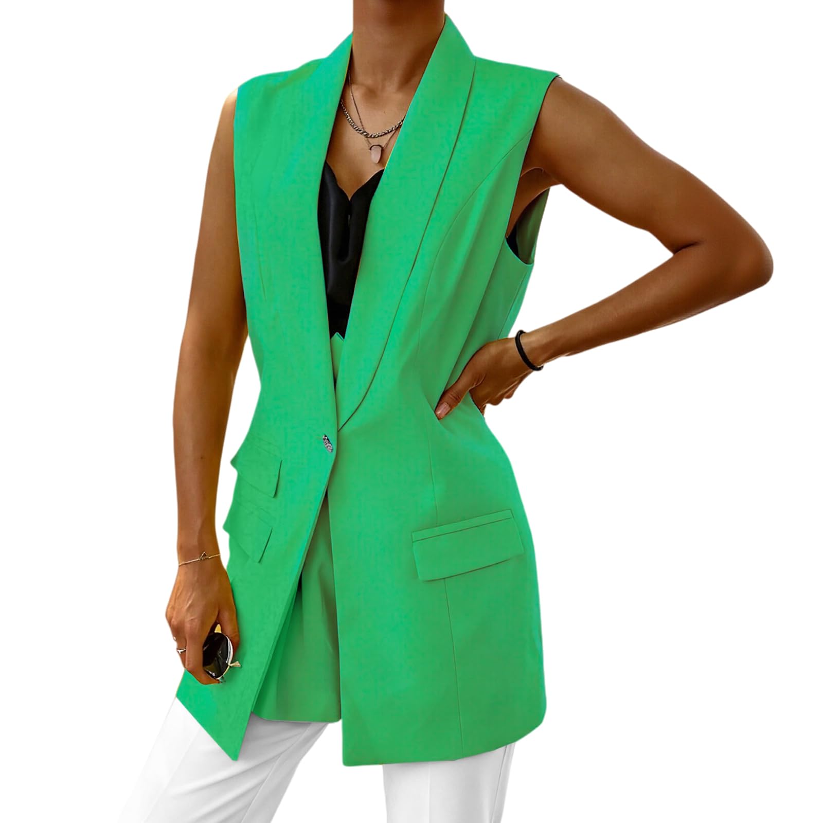 Womens Long Suit Vest Casual Lapel Double Breasted Sleeveless Blazer Loose Open Front Work Office Blazers Waistcoat
