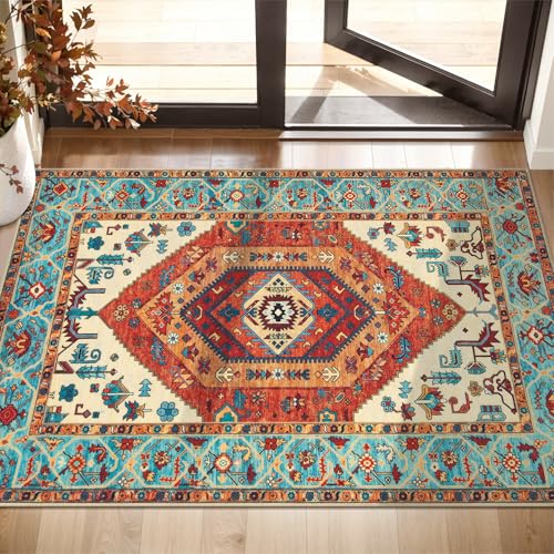SERISSA Boho Rugs for Entryway, 2x3 Orange Entryway Rug Non-Slip Washable Small Area Rug, Ultra Soft Oriental Vintage Low-Pile Indoor Door Mat Floor Carpet for Entrance Bedroom Kitchen Bathroom