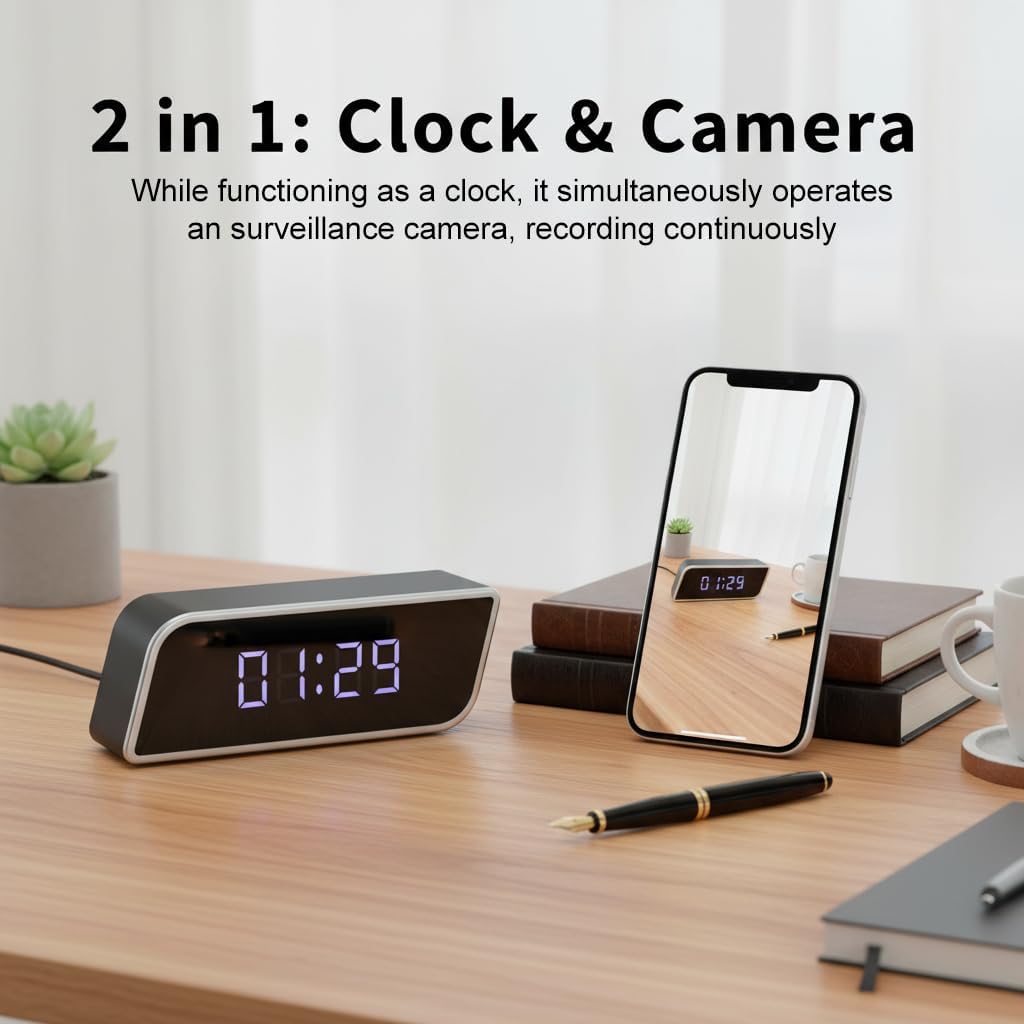 Multi-Functional 4K Clock Camera with Night Vision, WiFi & AP Hotspot, App Remote View, Motion Detection, 2600mAh Long Battery Life, Smart Clock for Indoor, No Audio