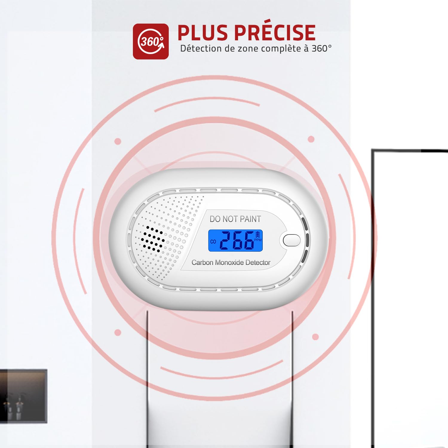 RUNIDUR Détecteur de Monoxyde de Carbone Alarme Portable avec Durée de Vie 10 Ans, Détecteur de CO Plat sans Perçage Selon la Norme Européenne en 50291 pour Poêle-Cheminée, 1 Pièce