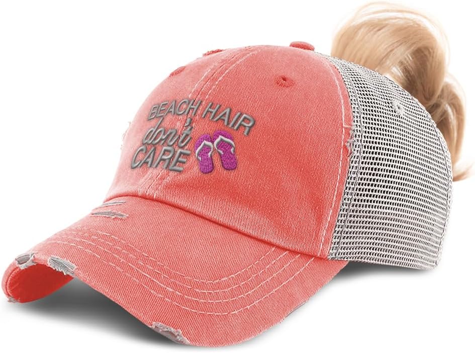 Ponytail Cap Women's Baseball Cap Embroidered Beach Hair Don't Care Style E Cotton