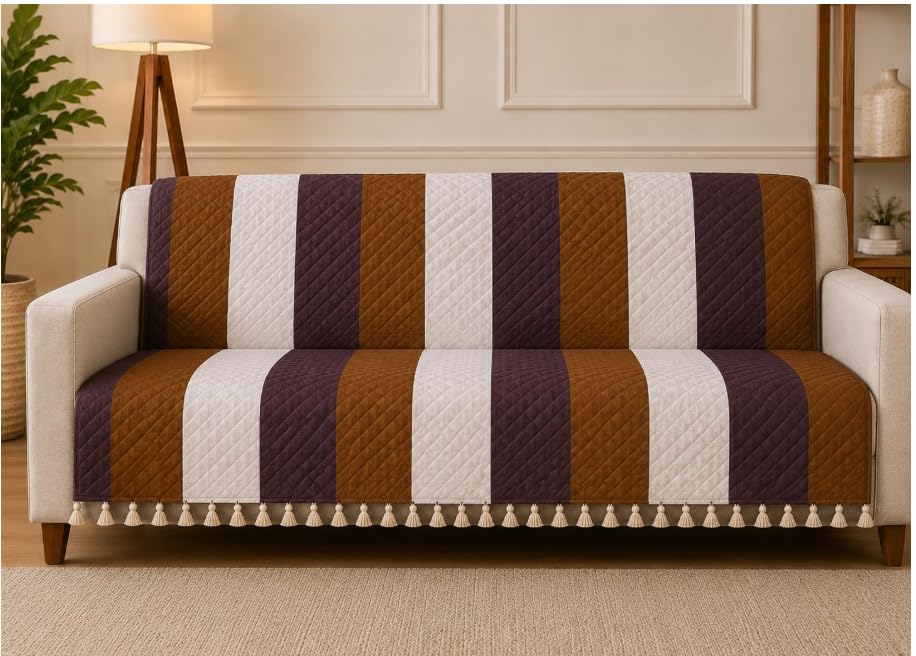 Image of Velvet Quilted Sofa Cover for 1 Seater (24 x 60 Inches) | Stripes | Anti-Slip Soft Washable Sofa Seat Cover | Furniture Protector with Tassels