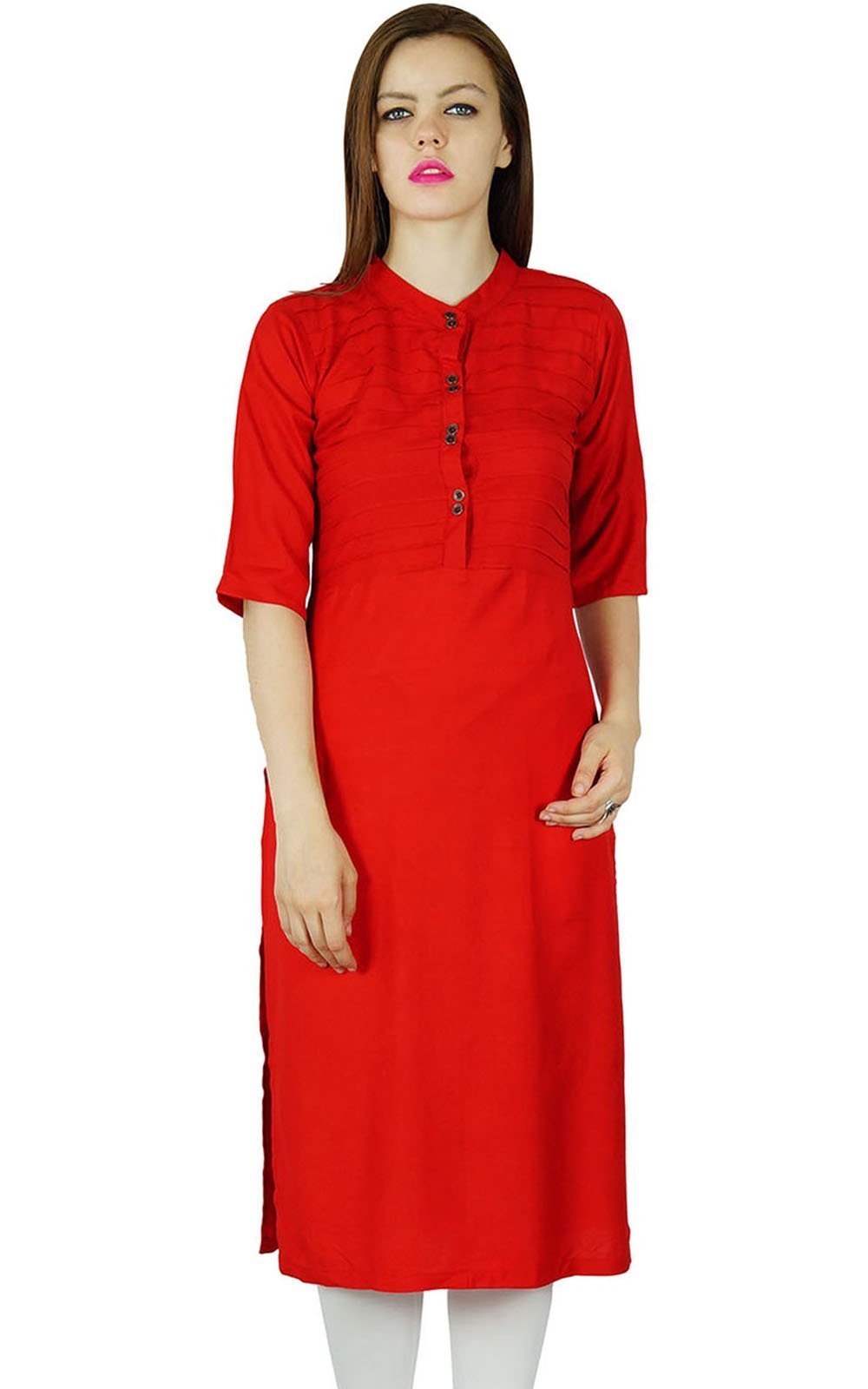 Bimba Women Rayon Custom Kurta Kurti Short Sleeve Summer Tunic Long Top Blouse Indian Clothing Red