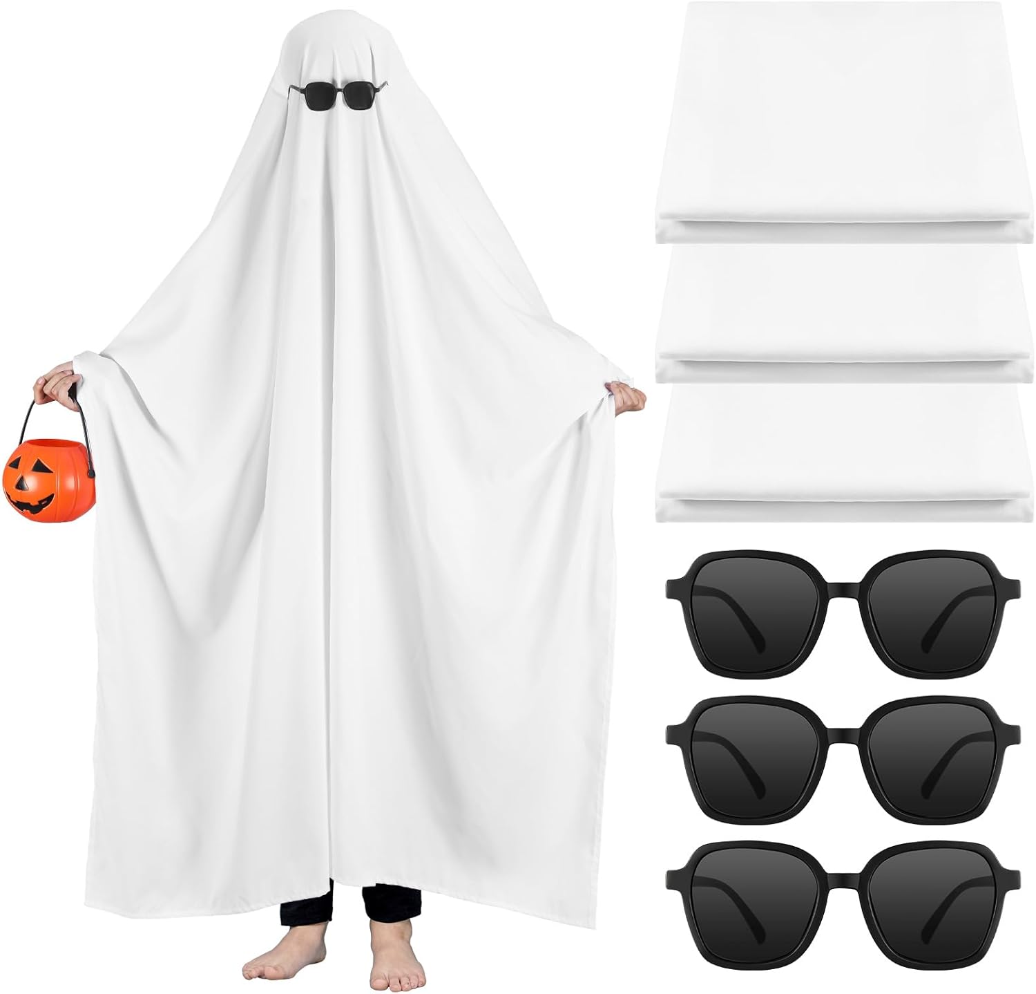 Ramede 6 Pcs White Sheet Ghost Costume Halloween Ghost Boo Costume Black Sunglasses for Adults Halloween Cosplay 78.74 x 90.55 Inch