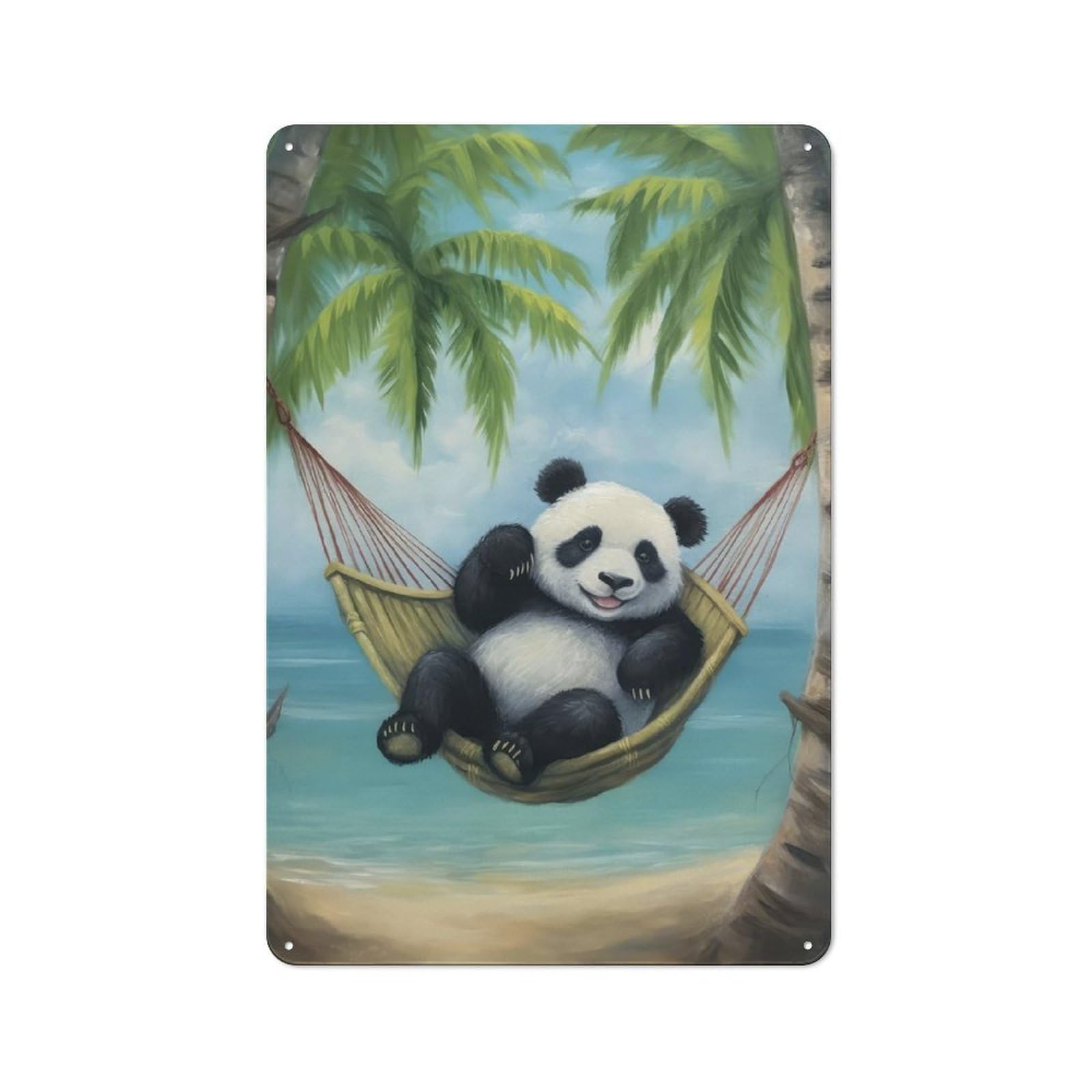 Junmoney Panda In Hammock Beach Printed Metal Sign 30X20cm For Living Room Or Hallway, A Decorative Christmas Gift For Living Room Decor Lovers