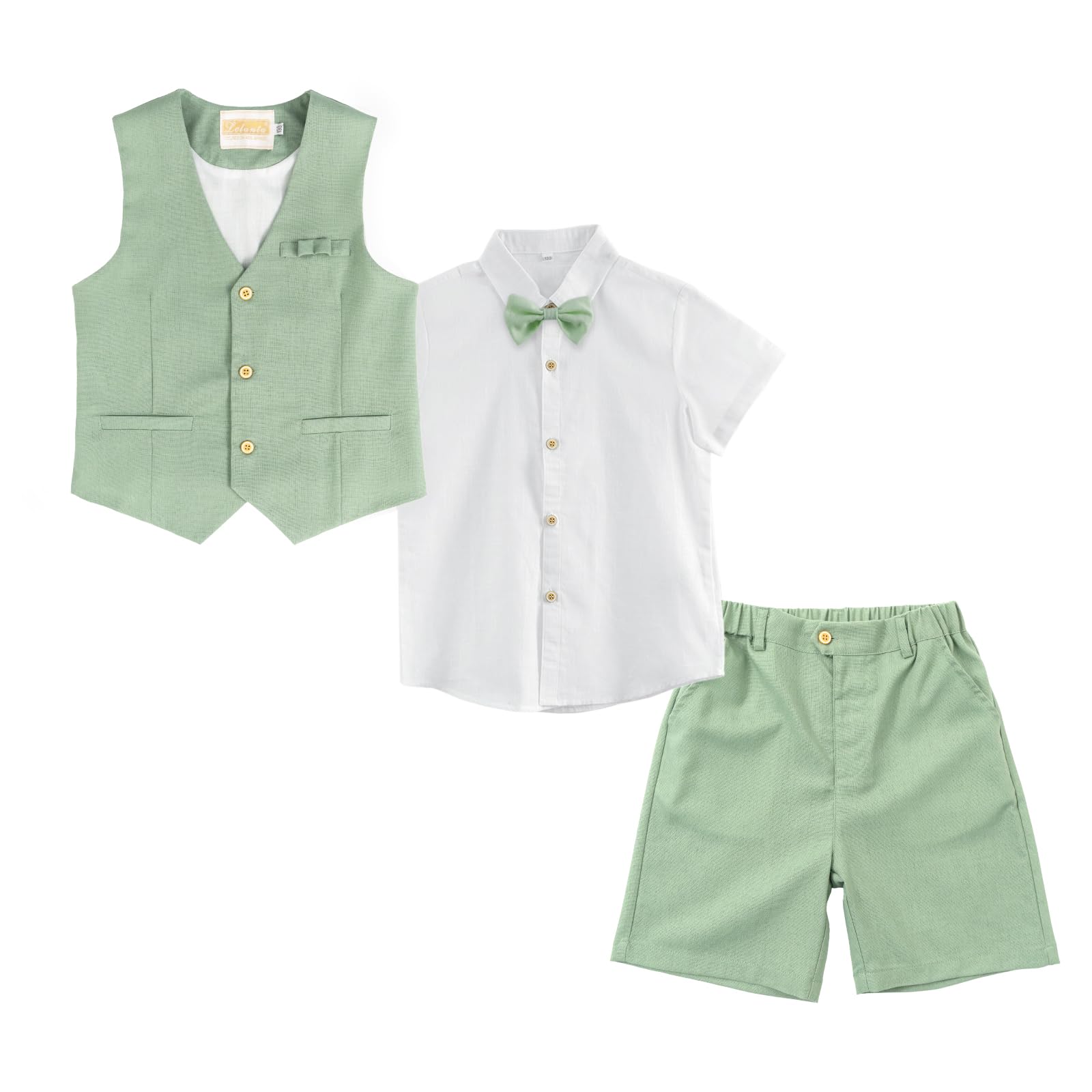 LOLANTA 4PCS Traje de Boda Verano para Niños, Conjunto de Chaleco y Pantalón Corto de Lino para Niños, Ropa de Bautizo Ceremonia Fiesta, Chaleco+Pantalón+Camisa+Pajarita