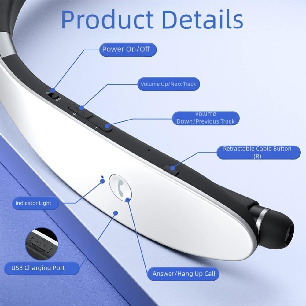 Cuffie wireless con archetto da collo con auricolari retrattili, cuffie pieghevoli con cancellazione del rumore per sport, palestra, corsa, viaggi, design leggero in ABS