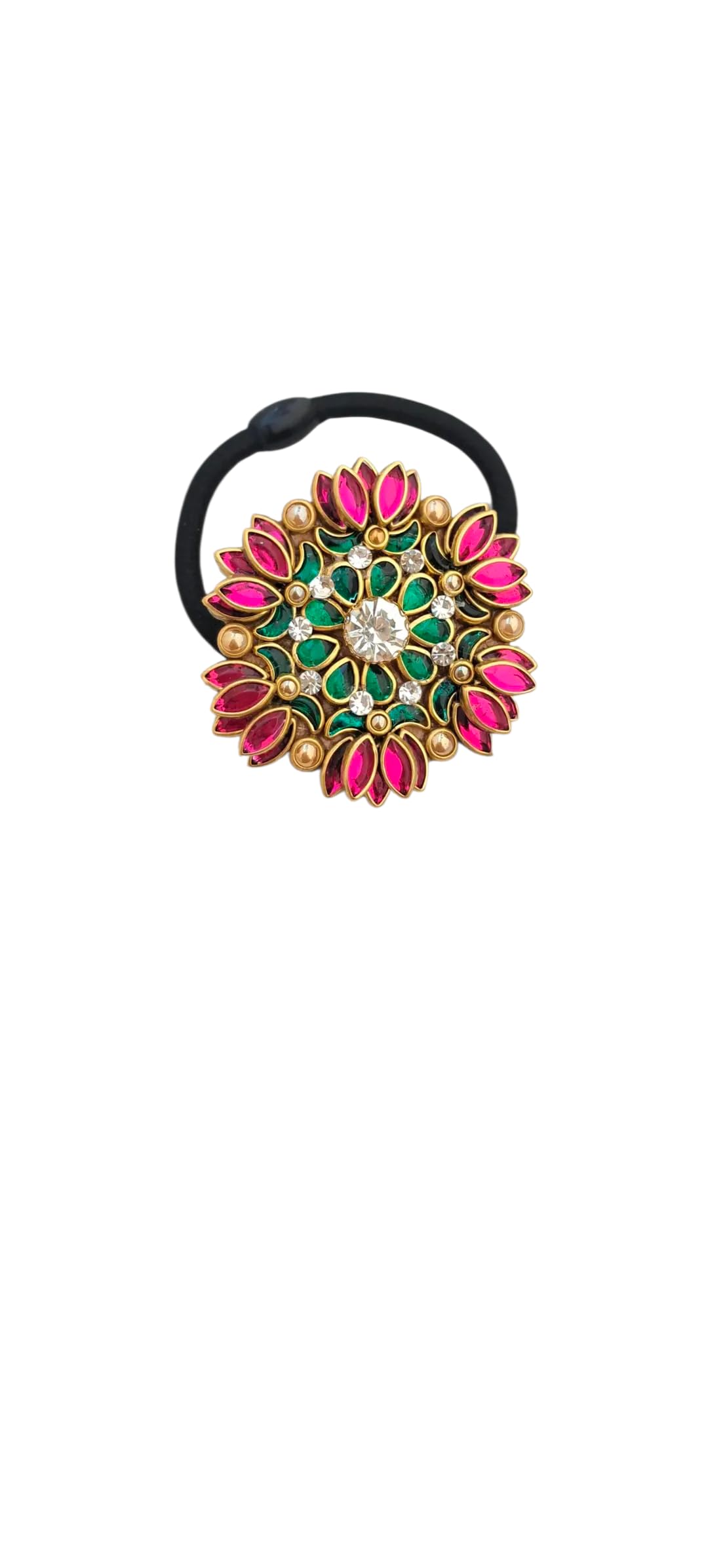 Kundan_Fashion Floral Hair Tie, Pink and Green Stone Embellished, Gold Tone, Crystal Accents, Black Elastic Band-image-16