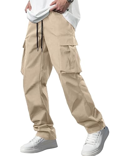 Comdecevis Men's Casual Cargo Pants Workout Joggers Stretch Sweatpants Hiking Drawstring Tactical Pants with Multi Pockets - X-Large - Light Khaki