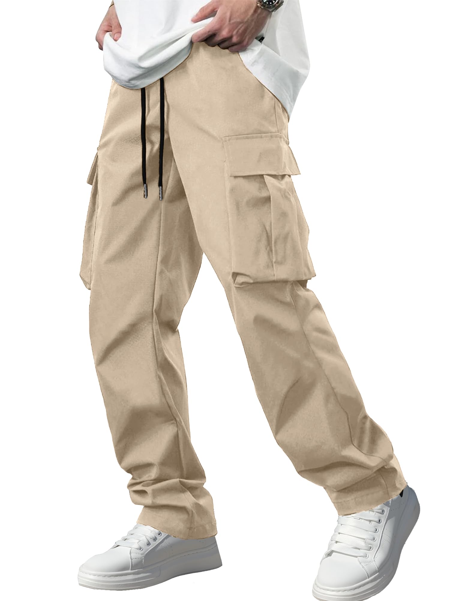 Comdecevis Men's Casual Cargo Pants Workout Joggers Stretch Sweatpants Hiking Drawstring Tactical Pants with Multi Pockets, Light Khaki, Medium
