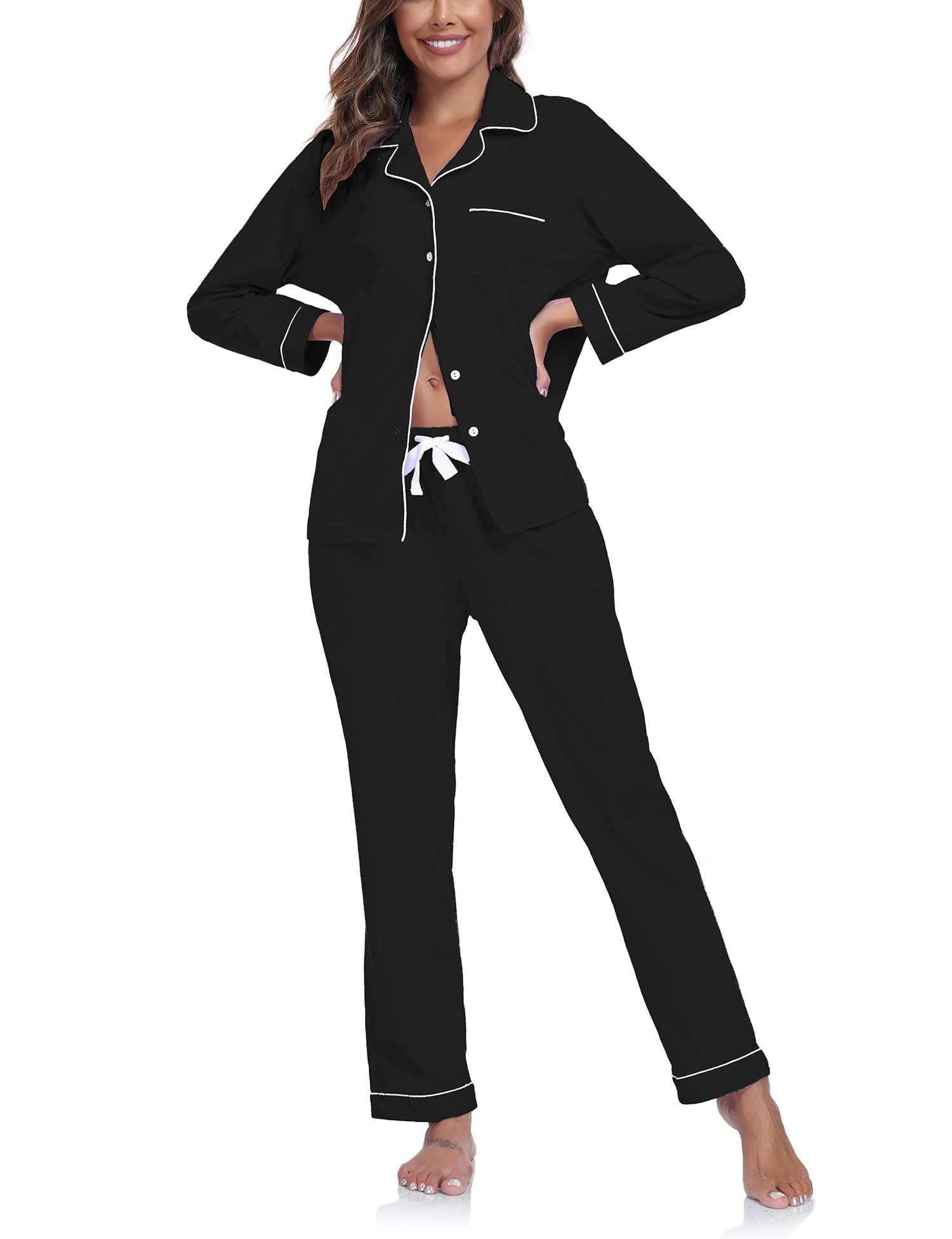 Schlafanzug Damen Baumwolle Pyjama Set Langarm Knopfleiste Hose