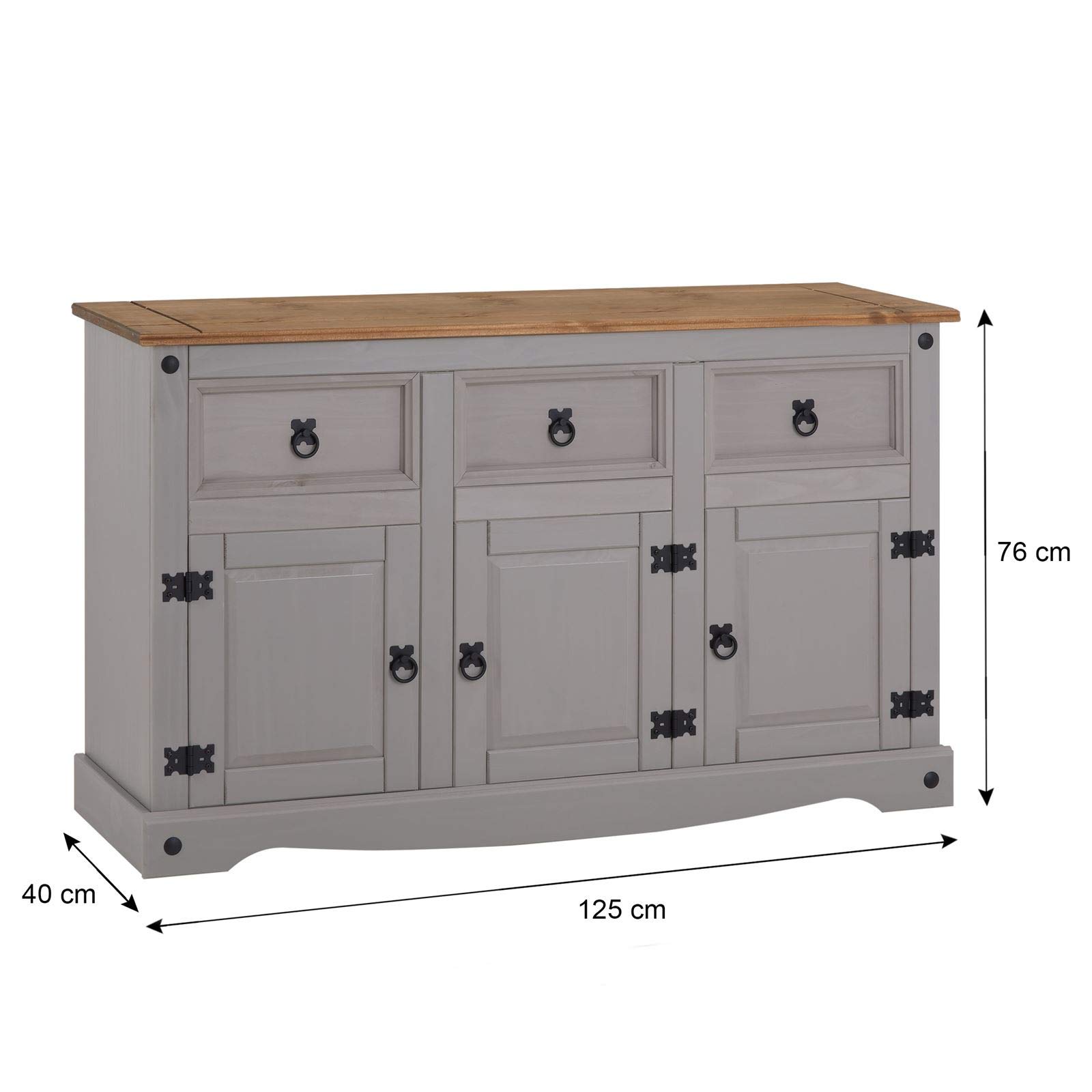 CARO-Möbel Sideboard Ramon Landhausstil Kommode Kiefer massiv grau lasiert mit 3 Schubladen und 3 Türen