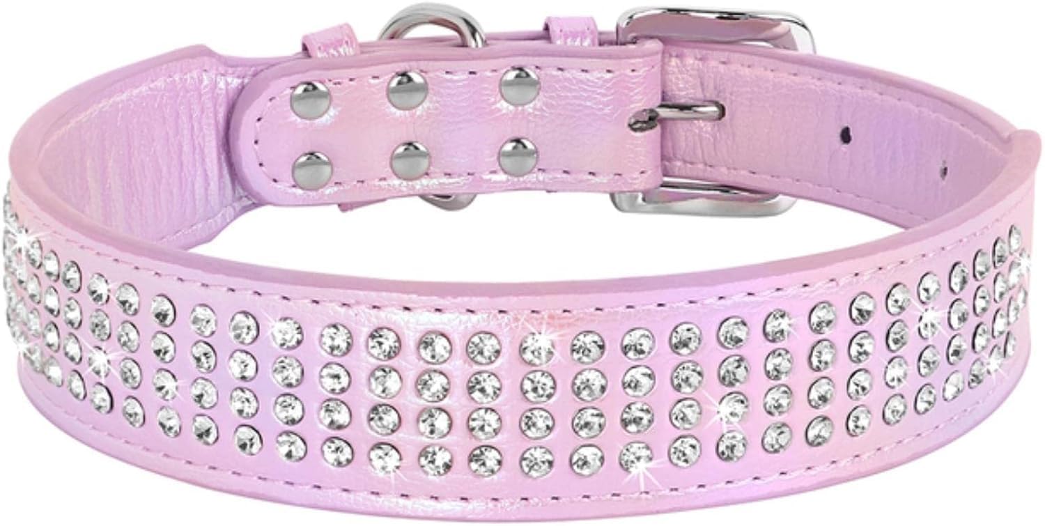Hundehalsband, Niedliche diamantbreite Lederhalsbänder mit glitzernden Strasssteinen for Hunde, französische Bulldogge(Pink,Large)