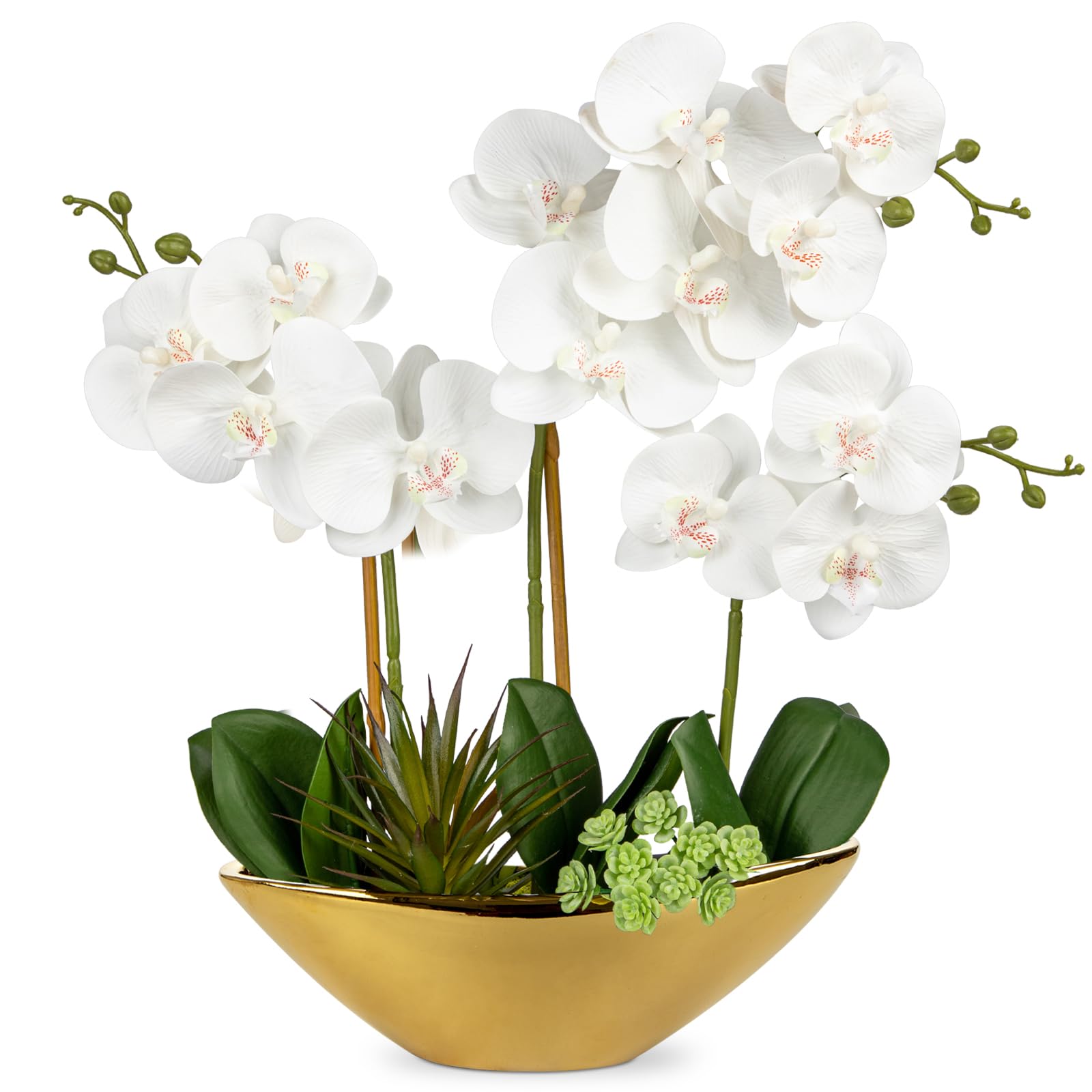Oairse 18" Orchid Artificial Flowers White Fake Orchid Silk Flowers with Gold Ceramic Pot Large Faux Phalaenopsis Arrangement for Home Office Room Living Room Coffee Table Centerpiece Decoration — image 1