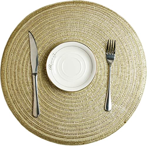 Image of SHACOS Glitter Gold Round Braided Placemats Set of 8 Sparkle Washable 15 inch Round Table Mats Woven Place Mats for Christmas Party Dining Table (Gold, 8)