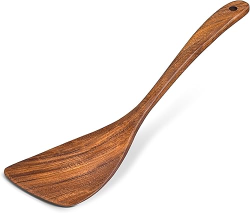 Miniatura 8 de Juego de 2 espátulas de madera, espátula turner sólida y ranurada de acacia, espátulas planas de freír con mango largo, regalo de cocina ideal
