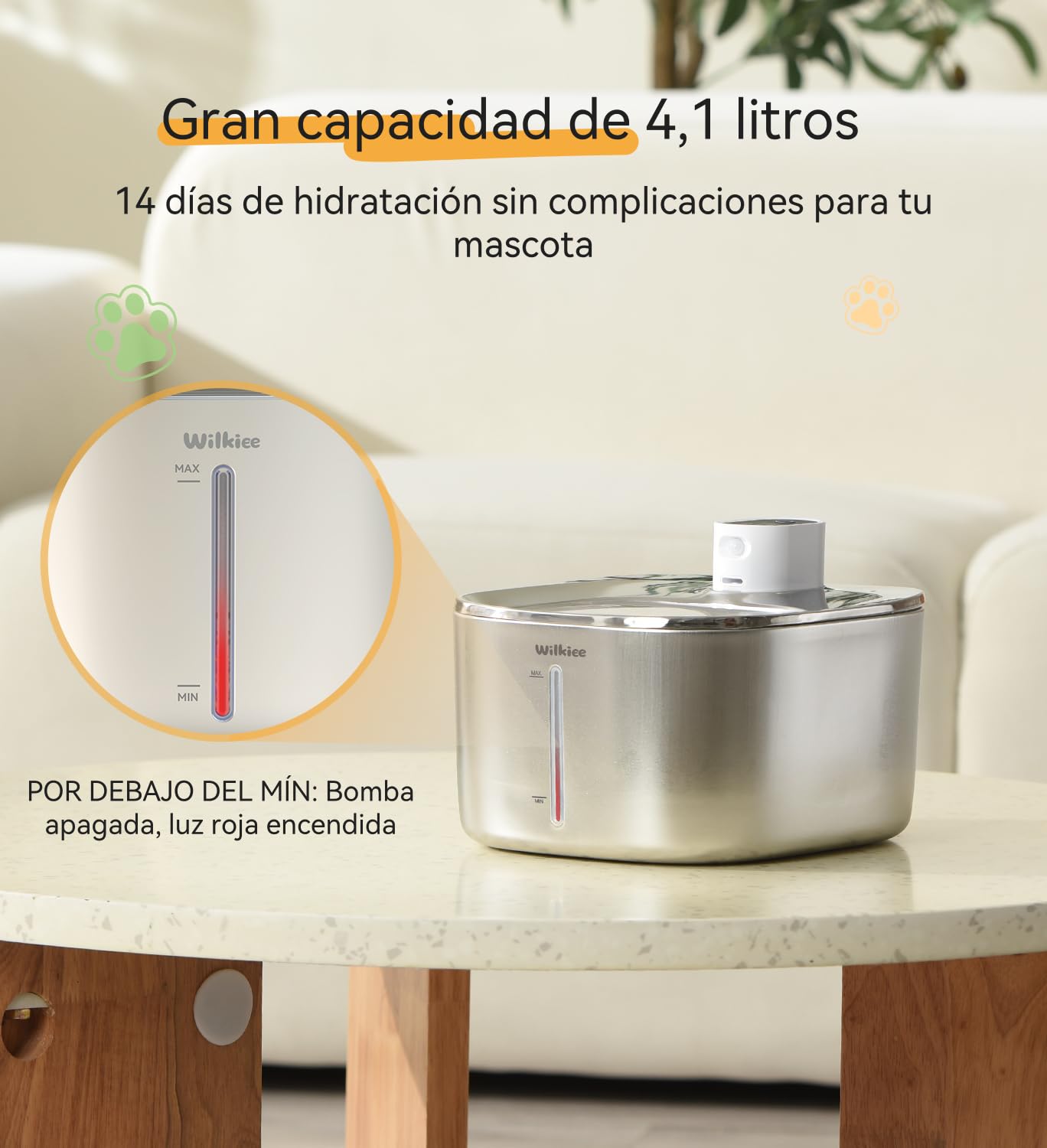 Fuente de Agua para Gatos, Acero Inoxidable, 4.1 L, dispensador de Agua inalámbrico para Mascotas, para Gatos y Perros en Interiores | 3 modos (sensor/tiempo/duración), filtro silencioso para gatos y perros pequeños con 1 filtro de repuesto