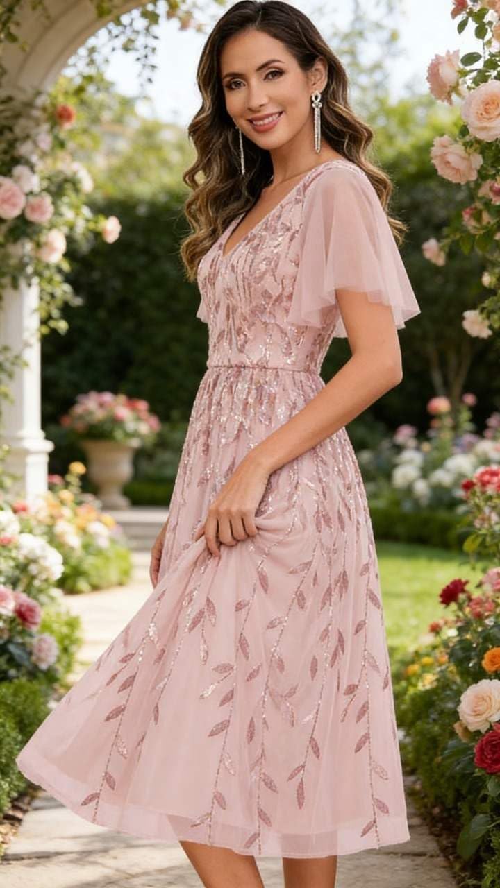 Tea Length Mother of The Bride Dresses for Women Sequin Tulle A Line Formal Gown with Sleeves - Image 5