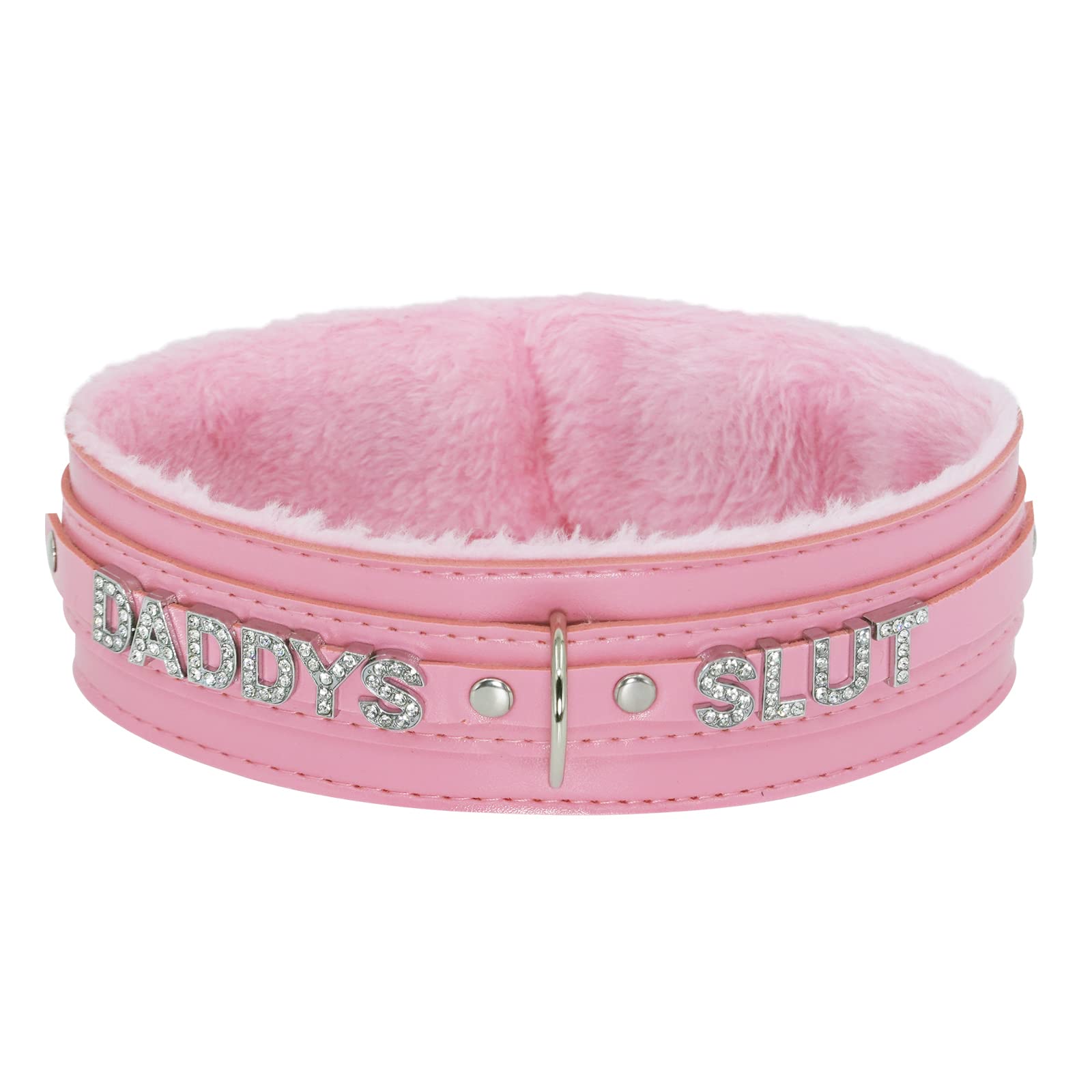 paloli Women Pink Leather Choker Necklace, Punk Gothic Black Fluffy Name Letters Collar Leash Neck Jewelry