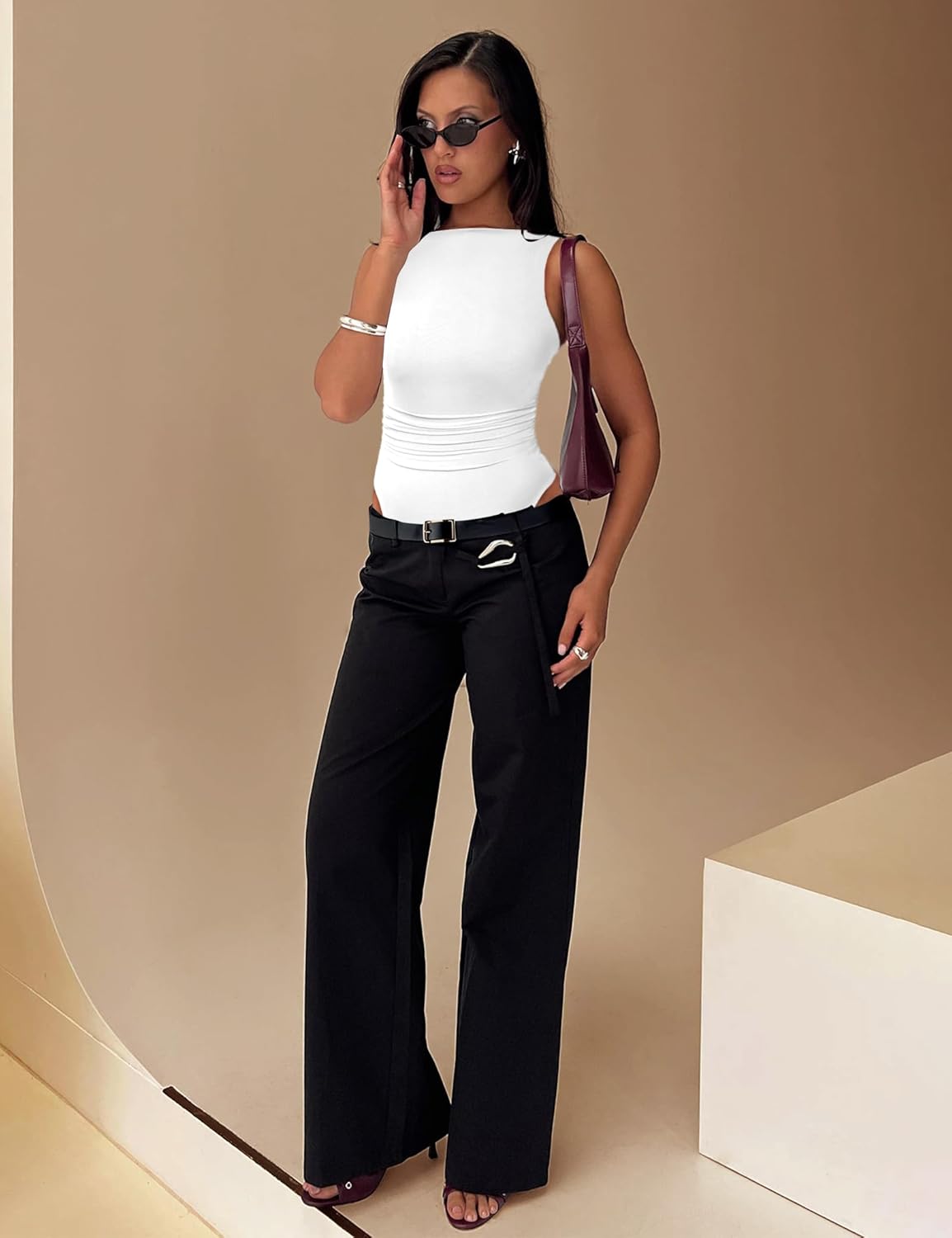 SAUNGKUAI Women's Sleeveless Shirts Mesh Ruched Bodysuit Double Lined Boat Neck Body Suits Going Out Tops Date Outfits - Image 4