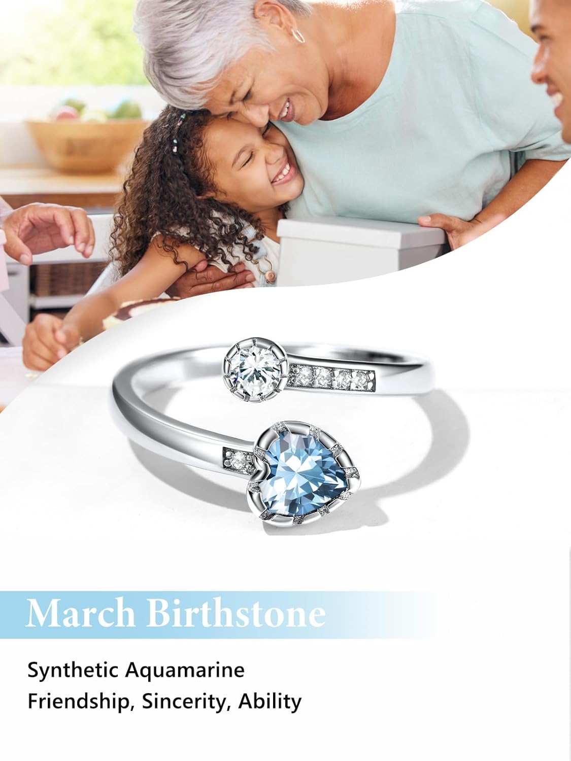 Silvora 925 Sterling Silver Adjustable Birthstone Ring with Heart Shaped Gemstone and Round CZ, Perfect for Women, with Gift Box - Image 5