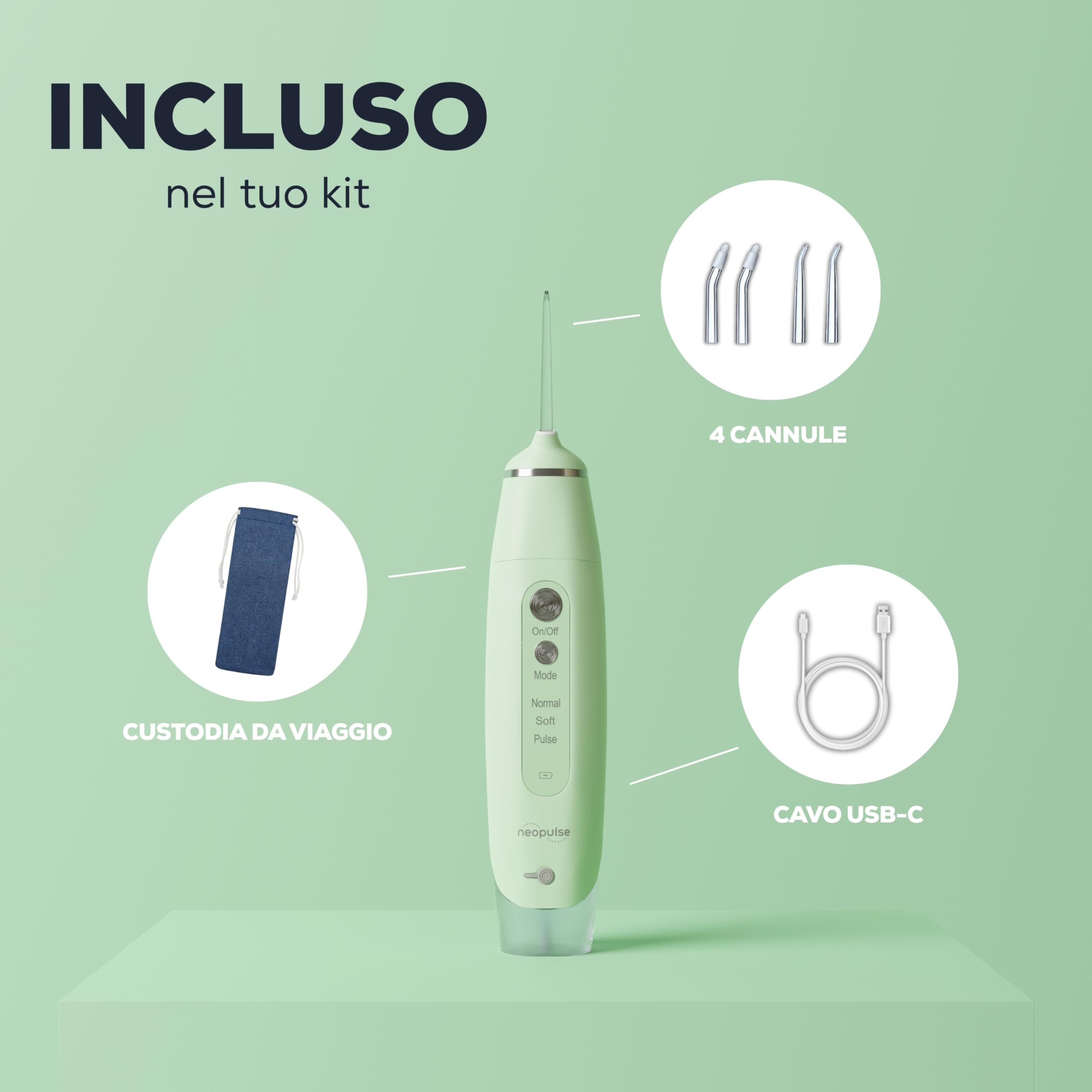 NEOPULSE® My First Jet Dentale Ultra-Compact - Idropulsore 2 in 1-4 cannule, 6 pressioni regolabili, 165 ml serbatoio rimovibile - elimina la placca dentale, pulisce i dispositivi ortodontici - verde