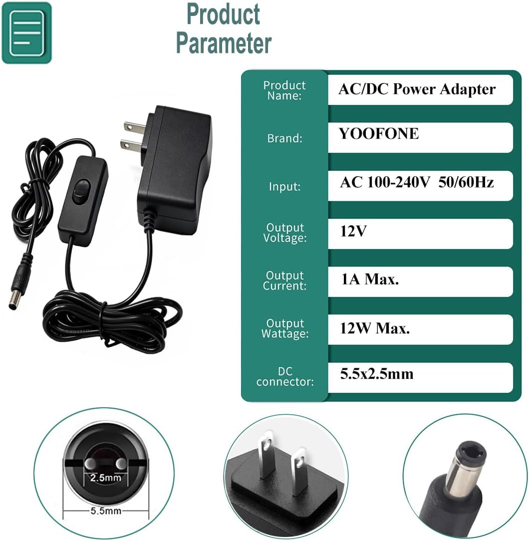 12V 1A DC Power Supply with On/Off Switch Adapter AC 100-240V 50-60Hz to DC 12V 6.2ft Power cord with 5.5x2.5mm plug &5 tips for LED Strip Lights & Security Cameras