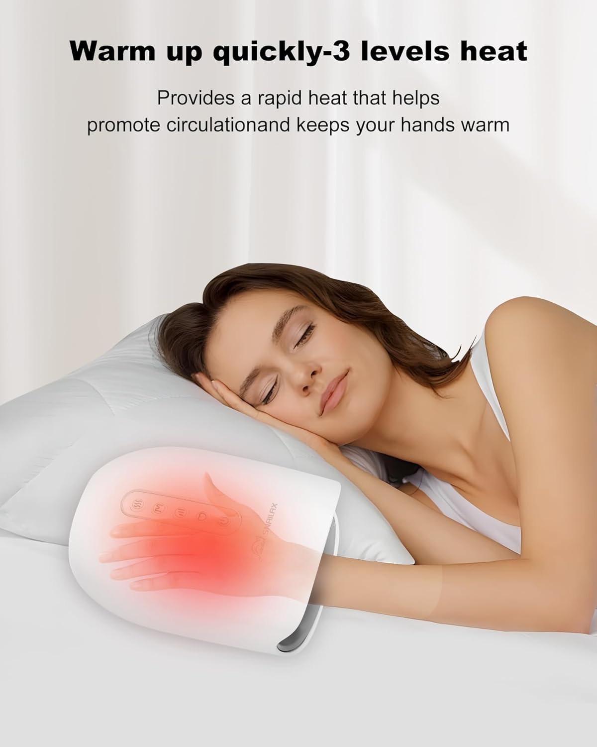Woman relaxing with her hand inside the Snailax massager, showing the heat function in use.