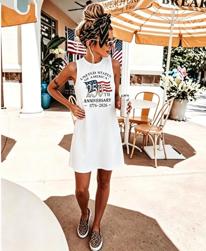 Image of jusgai 250 Anniversary USA Dress for Women American Flag Tank Dresses 4th of July Patriotic Sundress