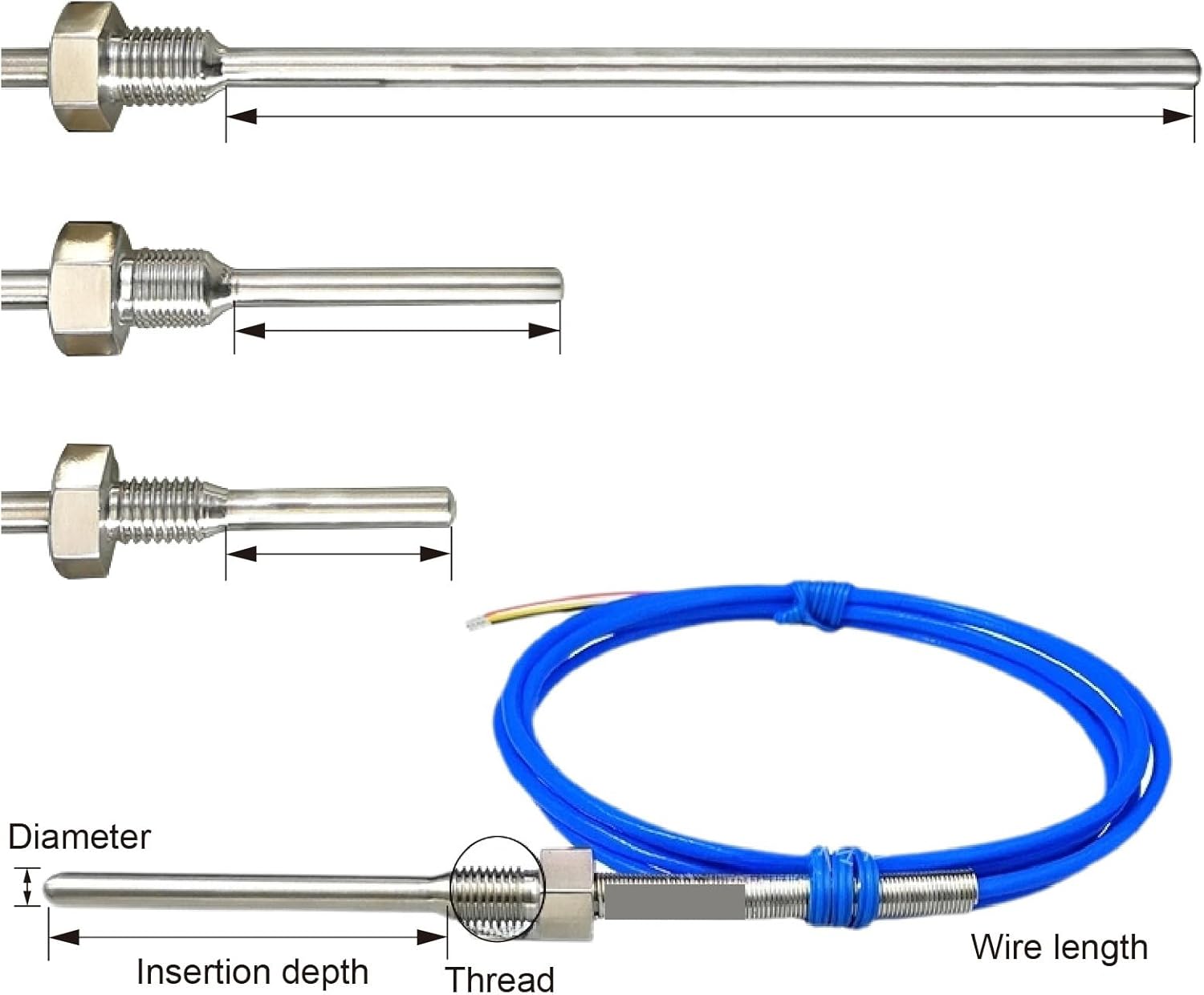 DS18B Waterproof Temperature Sensor Stainless Steel Probe, PTFE Threaded Digital Thermometer(L-M10-1 5-50MM)