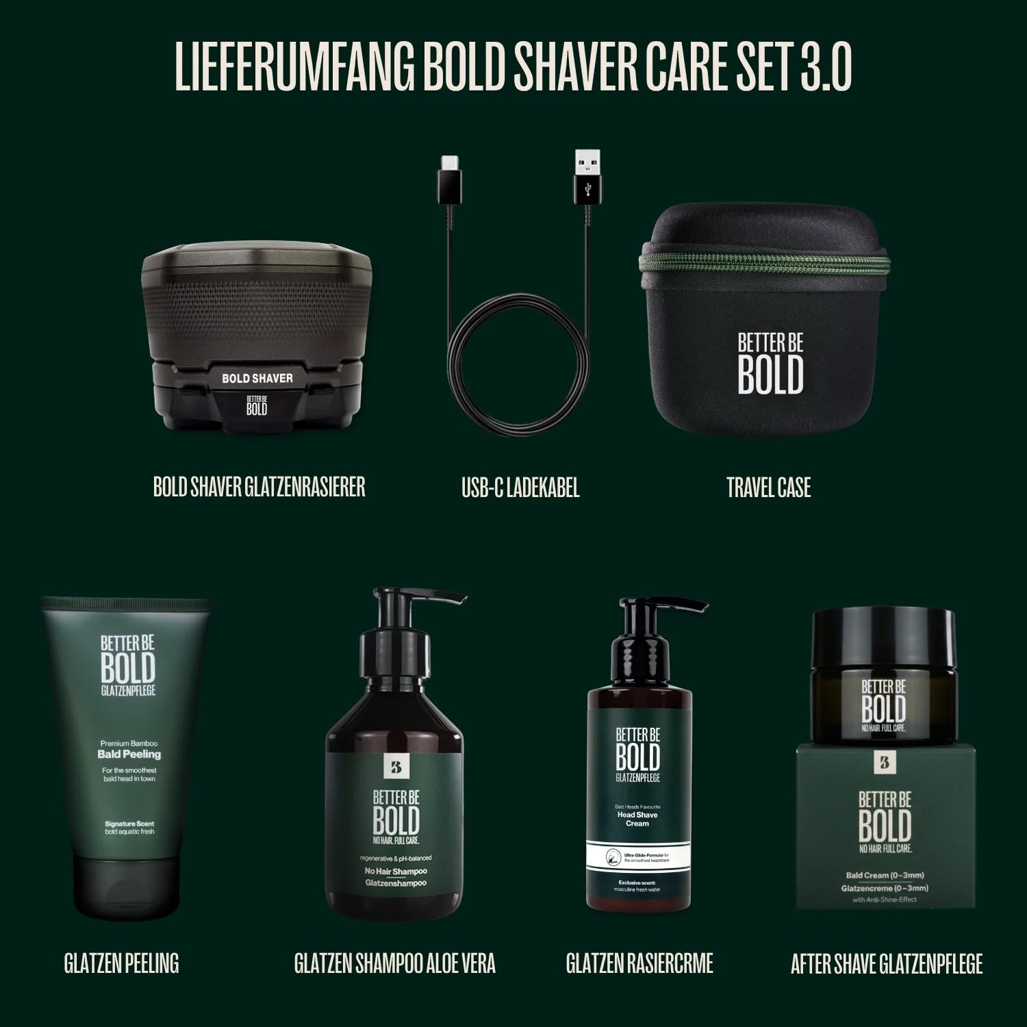 BETTER BE BOLD I "Bold Shaver Set 3.0 - Glatzenrasierer + After Shave Glatzenpflege 2.0 I Set gegen Glanz, Pigmentflecken & Trockenheit – Mit Glatzencreme, Glatzenpeeling, Shampoo & Aftershave