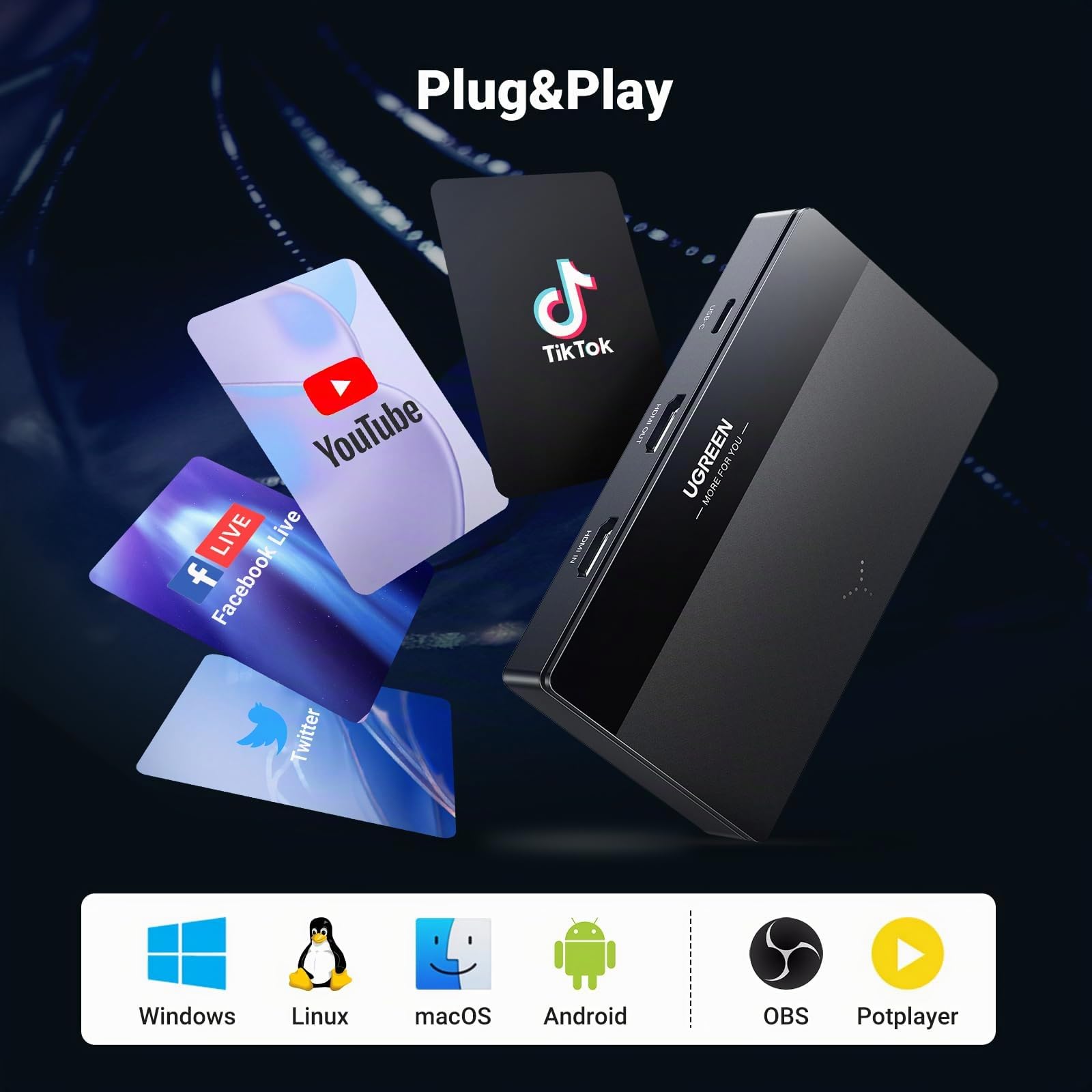 UGREEN Capturadora Vídeo HDMI USB C 1080P 60FPS Streaming 4K Grabación en Bucle Compatible con Switch PS5 PS4 Xbox TV Stick DSLR MacBook iPad Pro PC Teléfono