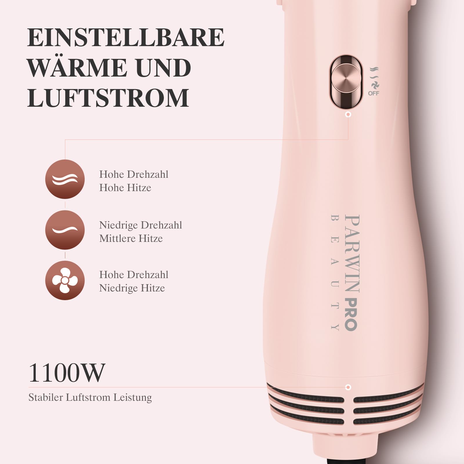 PARWIN PRO BEAUTY 4 in 1 Warmluftbürste, Hairstyler, Föhnbürste | Stylen in One Step, Schnelles Volumen, Locken, Glätten, 3 Temperaturen, Keramik, Ionen Pflege, 1100 Watt, Rosa