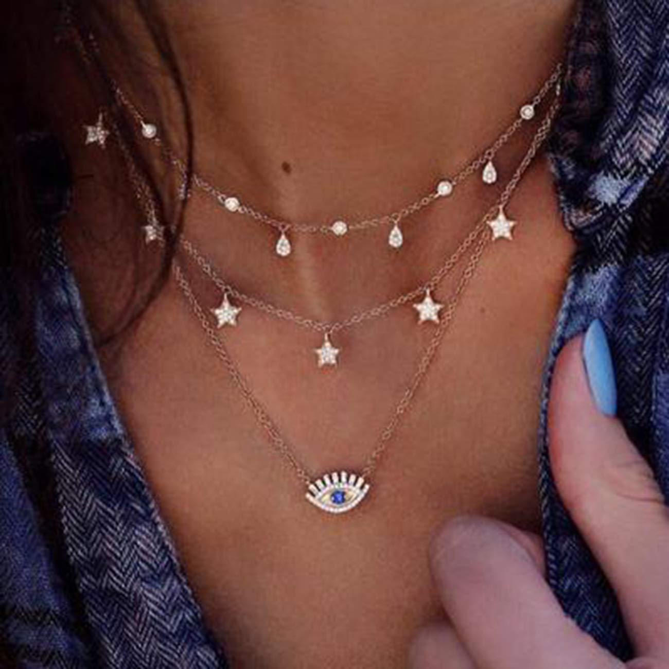 BERYUAN Women Multi Layer Teardrop Necklace Gold Star Choker Blue evil Eye Necklace for Woman Teens Trendy Necklaces Pendants Charms