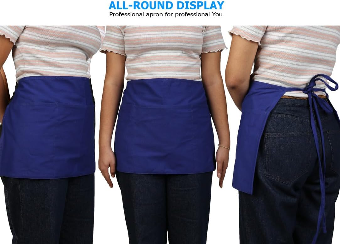RAJRANG Pure Cotton Waitress Apron Half Server Waist Short Aprons with 3 Pockets