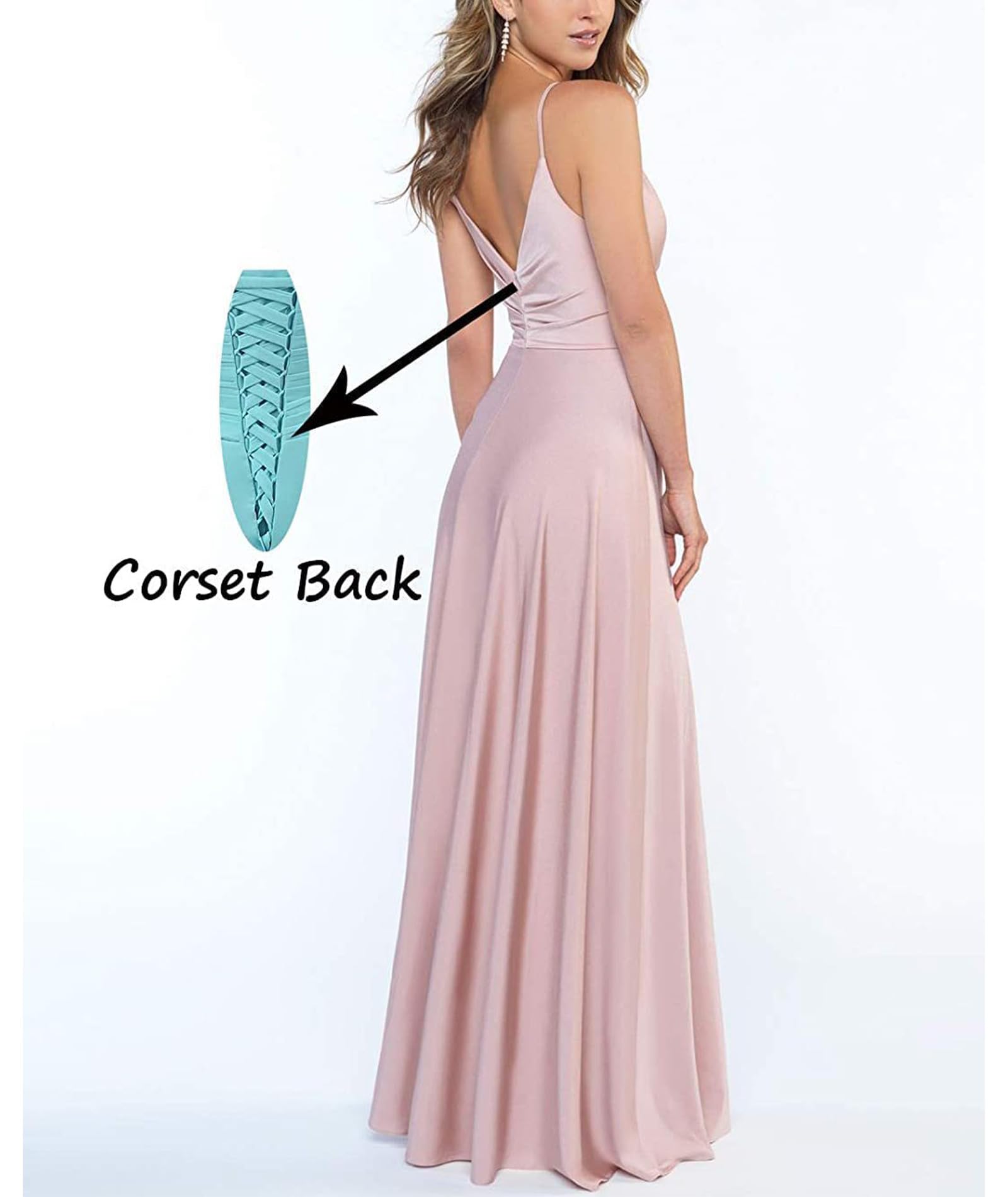 xxxiticat Abito da donna con scollo a V, spalline sottili, lungo, in raso, linea ad A, per damigella d'onore, formale, in raso, con spacco