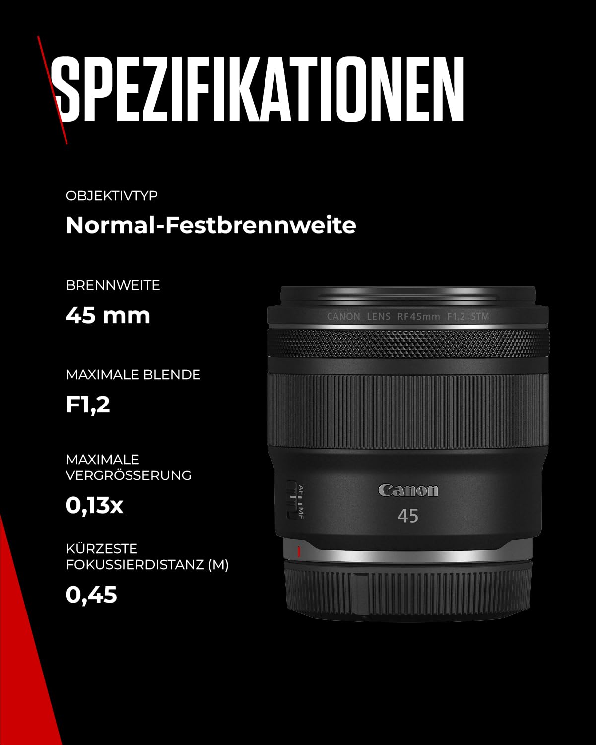 Canon Objektiv RF 45mm F1.2 STM – Festbrennweiten -Objektiv mit F1,2 Lichtstärke – ideal für Porträtfotografie – Kompatibel mit Canon EOS R System
