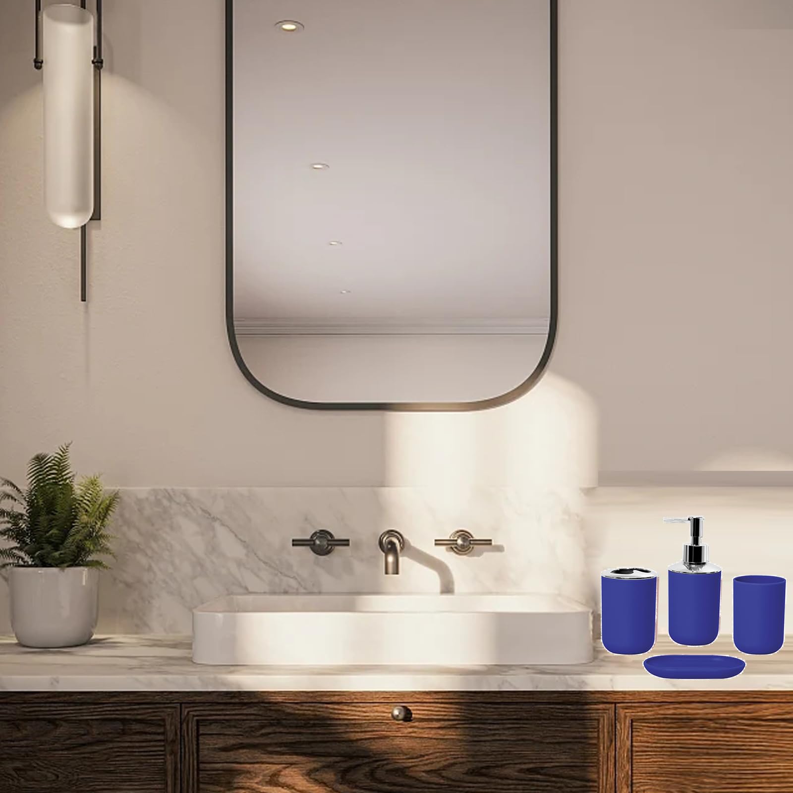 Hosoncovy 4 Pieces Bathroom Accessory Set including Soap Dispenser, Bathroom Cup, Soap Dish ,Toothbrush and Toothpaste Holder (Blue) - Image 4