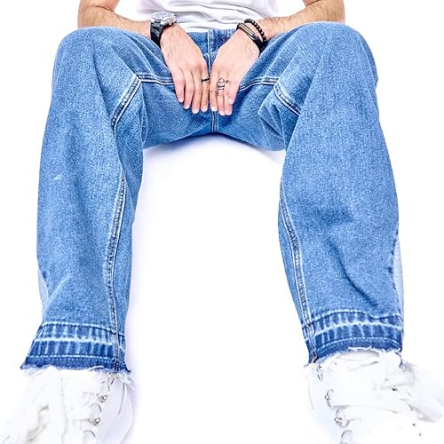 Miniatura 4 de WEIBUMAOYI Pantalones vaqueros de pierna ancha para hombre, pantalones de mezclilla de carpintero de pierna recta, pantalones holgados