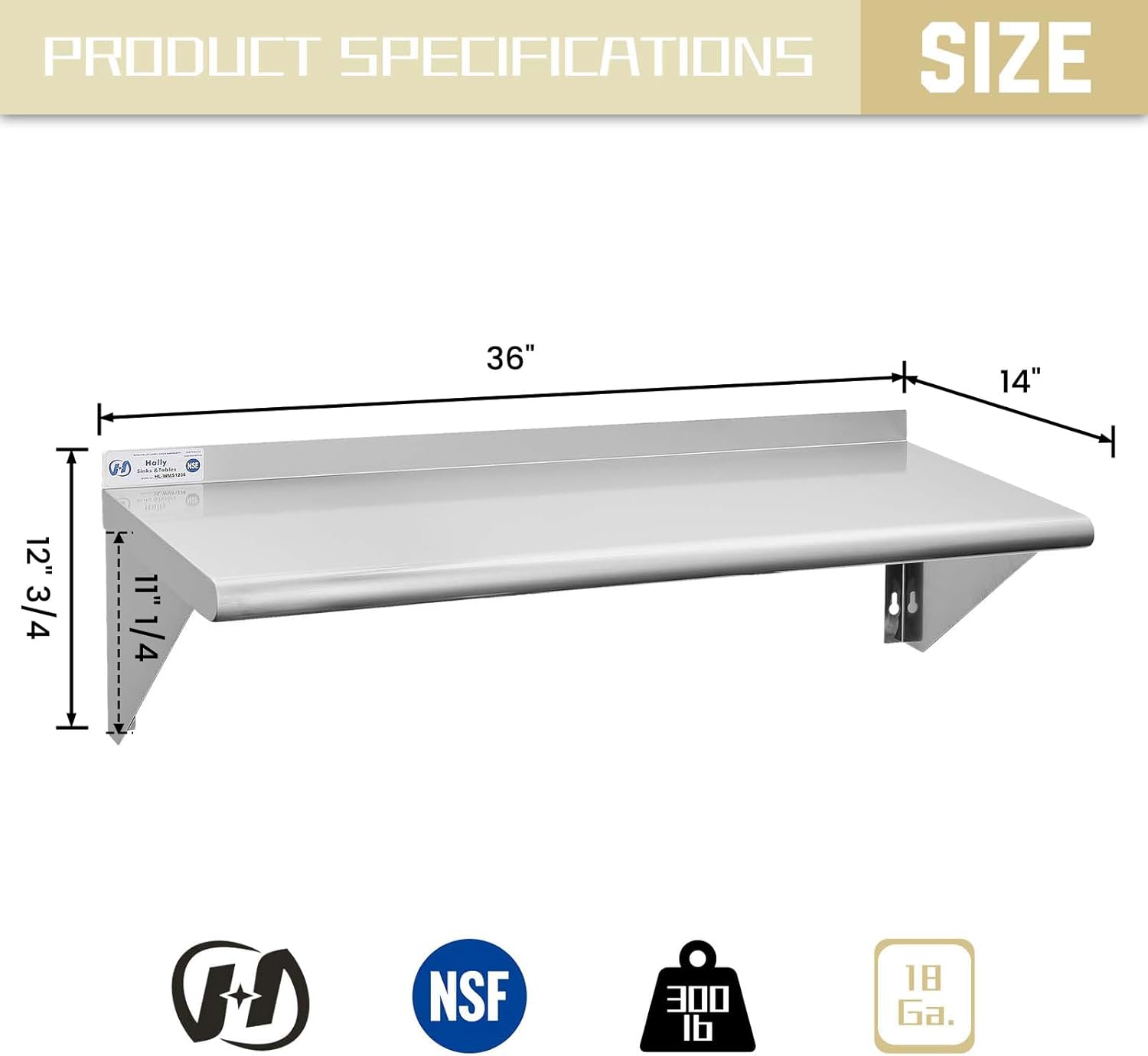Hally Stainless Steel Shelf 14 x 36 Inches, 300 lb, Commercial Wall Mount Floating Shelving for Restaurant, Kitchen, Home and Hotel
