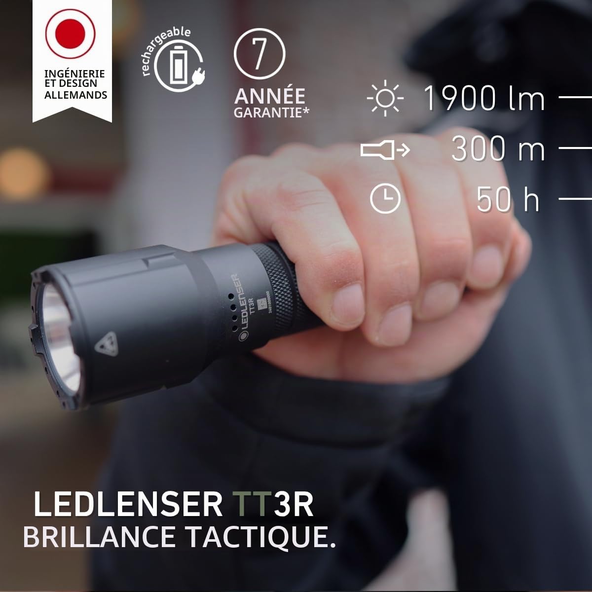 Ledlenser TT3R Lampe tactique rechargeable, 1900lm, Lumière Rouge, Bleue | Portée réglable 300 m, jusqu'à 50 h d'autonomie, mode Strobe, USB-C, IP68, pochette incluse, idéale pour la sécurité