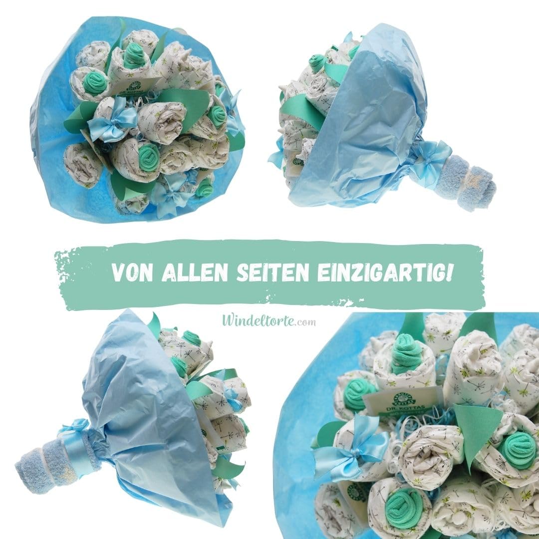 Strauß Bukett [BLUMENSTRAUSS] - Geschenk zur Geburt - Babyparty - Pullerparty - Windeln - Baby Geschenk - Torte kaufen (Junge/Bub/Blau)