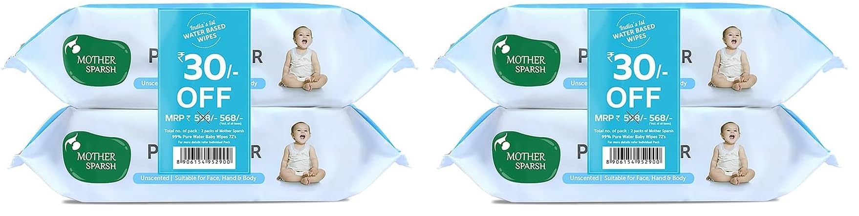 Mother Sparsh 99% Pure Water (Unscented) Baby Wipes with Lid I Natural Plant made cloth - Super thick Wet Wipes I 72 pcs/pack - Pack of 4 (Super Saver Pack)