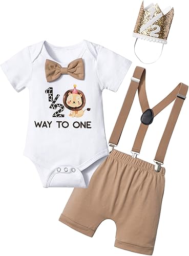 DONWEN Traje de medio cumpleaños para bebé niño con corbatín + pantalones cortos con tirantes + sombrero de fiesta 12 cumpleaños