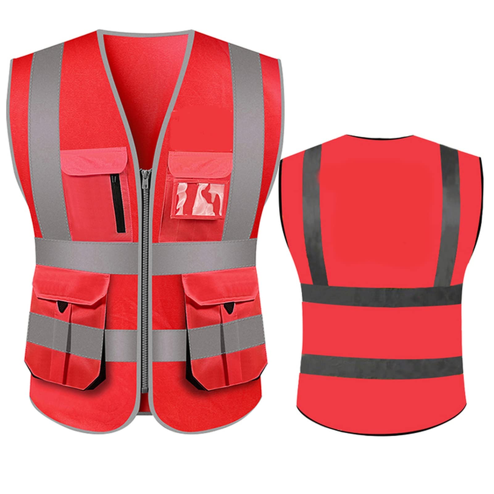 Chaleco De Seguridad Hola Visibilidad Chaleco de seguridad con tiras reflectantes y bolsillos con cremallera Trabajo de construcción Uniformes de valores. Chaleco Reflectante(Red,L-Chest 122cm)