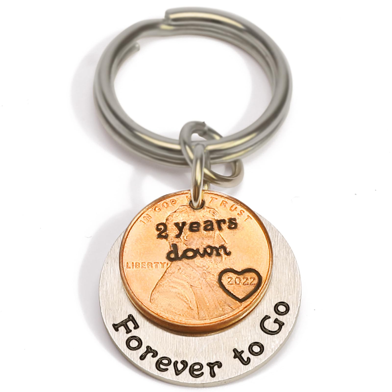 2 Year Anniversary Copper Gift Coin Keychain with a 2023 Penny, 2 Years Down and Forever To Go Key Chain Gift, Anniversary Presents for Wife Husband, Girlfriend Boyfriend
