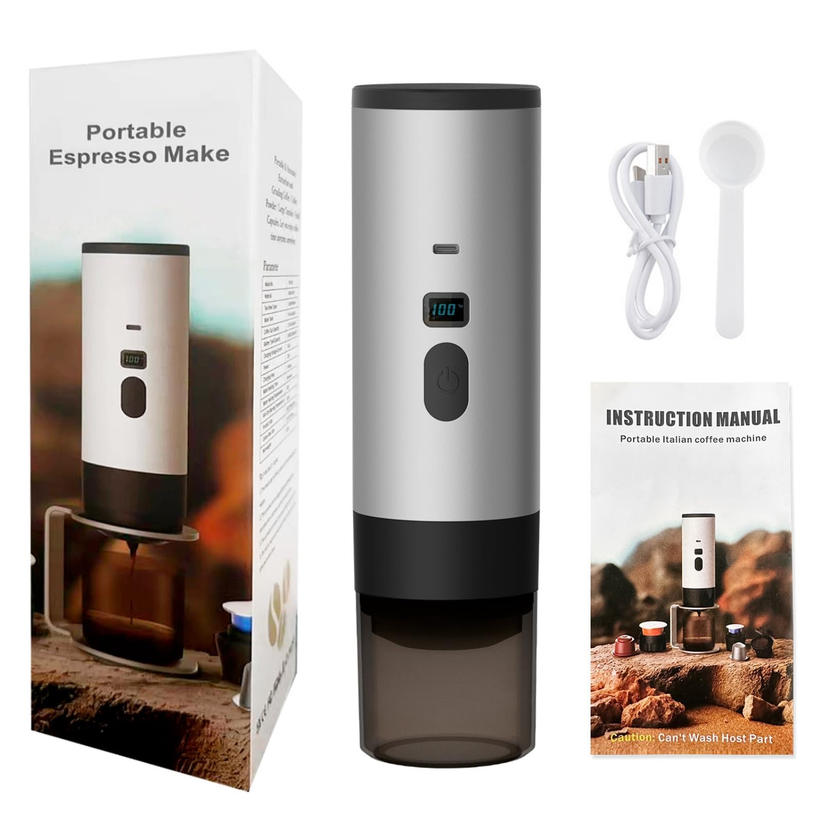 Portátil Compacta Máquina Portátil Doble Función con Café Molido para Campistas, Camping, Gris Plateado
