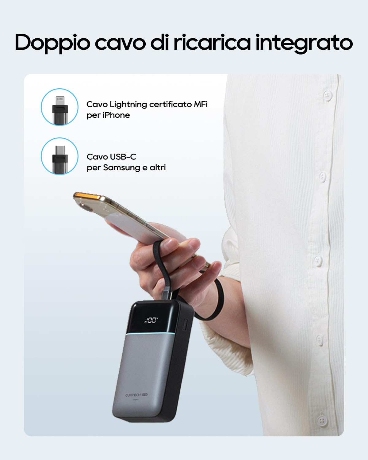 CUKTECH Power Bank 20000mAh Cavi USB-C e Lightning MFi Integrati，Caricatore Portatile Ricarica Rapida 40W,Batteria Esterna con 4 Uscite per iPhone 17/16/15/14/13/12 Pro Max,iPad,Samsung Galaxy