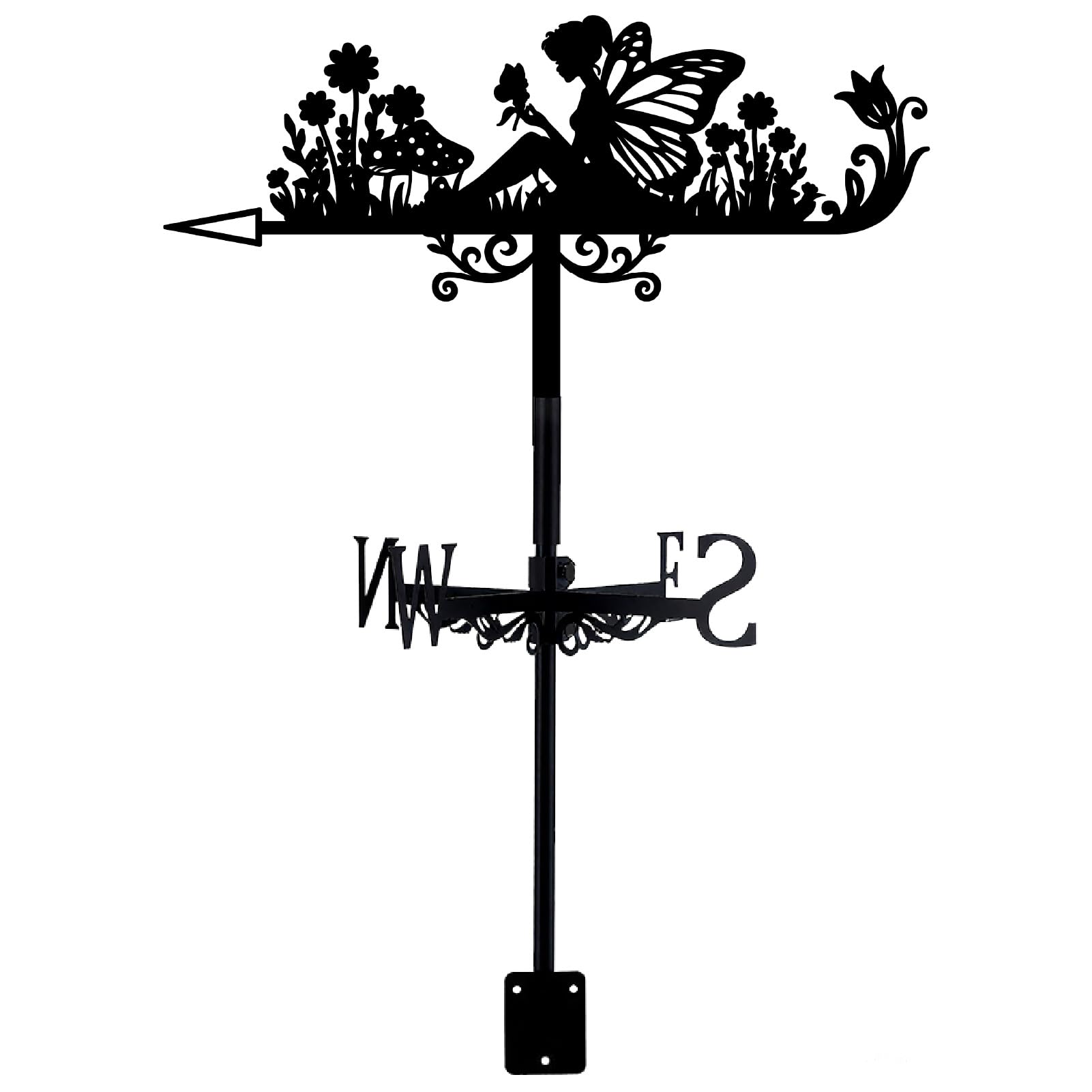 PRESSINART Fairy Weather Vane Outdoor Metal Wind Vane Black Angel Flower Pattern Iron Decorative Weathercock Wind Direction Indicator Tool for Farmhouse Sheds Roof Mount Home Decoration 7.9 x 14 Inch — image 1