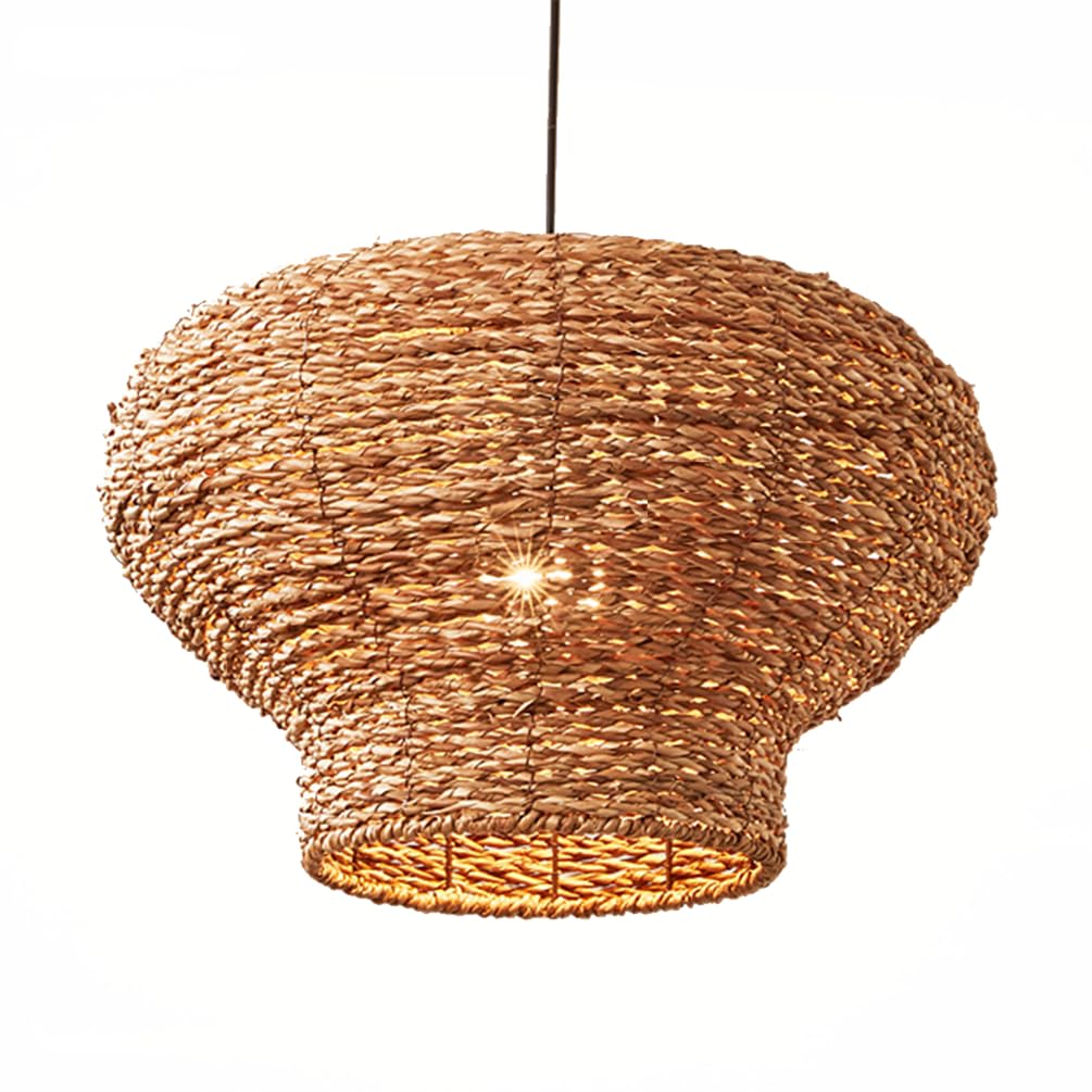 LYMSXAZOU 1 Light Rattan Chandelier Country Rustic Natural Ceiling Hanging Fixture, Farmhouse Coastal Woven Lampshade Creative Nostalgic Adjustable E27 Pendant Fixtures for Kitchen Island